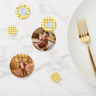 Kinderen 1e verjaardag Foto Gele Gingham Vis Confetti