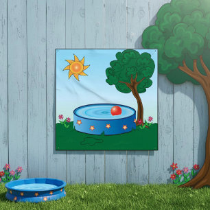 Kinderen achtertuin zwembad scène met zon boom poster