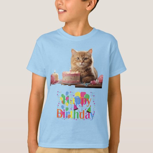 Kinderen basic T-shirt Happy Birthday Cat Design (Voorkant)