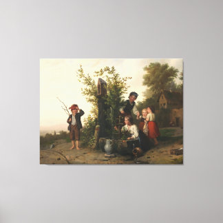 Kinderen bij de Stenen Put – 19e-eeuws dorp Canvas Afdruk