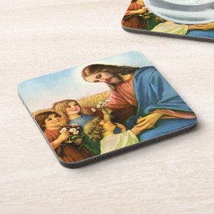 kinderen brengen bloemen naar Jezus Christus Bier Onderzetter