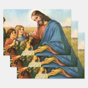 kinderen brengen bloemen naar Jezus Christus Inpakpapier Vel