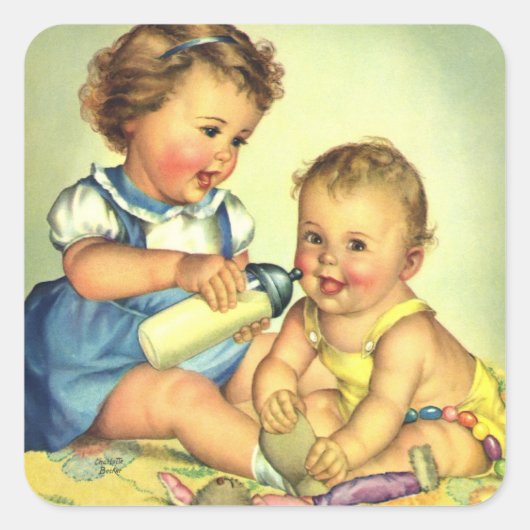  kinderen, Cute Happy Toddlers-sloopfles Vierkante Sticker (Voorkant)