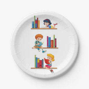 Kinderen die boeken lezen op een plank papieren bordje