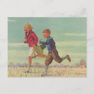 kinderen die naar school gaan met boekjes briefkaart