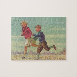 kinderen die naar school gaan met boekjes legpuzzel