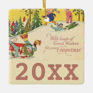 Kinderen die op een sneeuwbaltje draaien - blik keramisch ornament