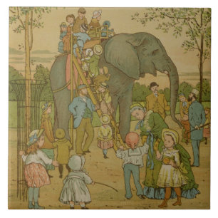 Kinderen die op het olifant (litho) rijden tegeltje