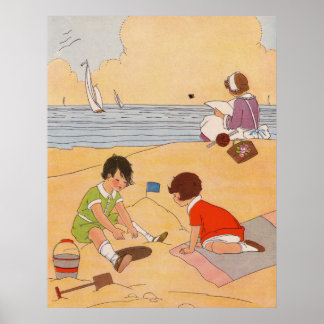Kinderen die op het strand Poster spelen