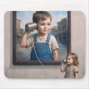 Kinderen die praten op een retro blikken telefoon muismat