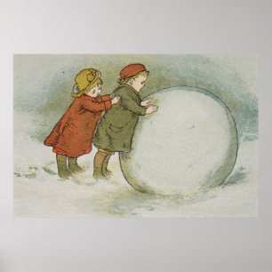 Kinderen die sneeuwballen rollen poster