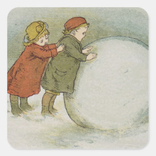 Kinderen die sneeuwballen rollen vierkante sticker