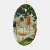 kinderen die Speelgoed zeilboten maken Keramisch Ornament (Rechts)