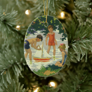  kinderen die Speelgoed zeilboten maken Keramisch Ornament