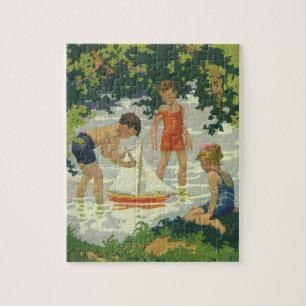 kinderen die Speelgoed zeilboten maken Legpuzzel