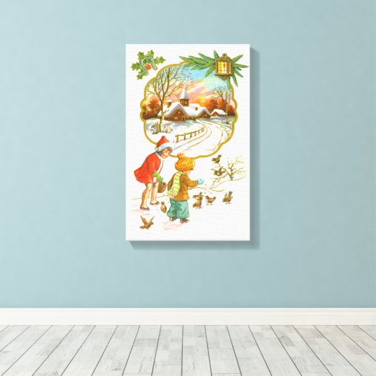 Kinderen die vogels voeden canvas afdruk (Insitu (Houten vloer))