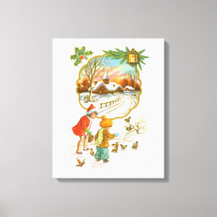 Kinderen die vogels voeren canvas afdruk