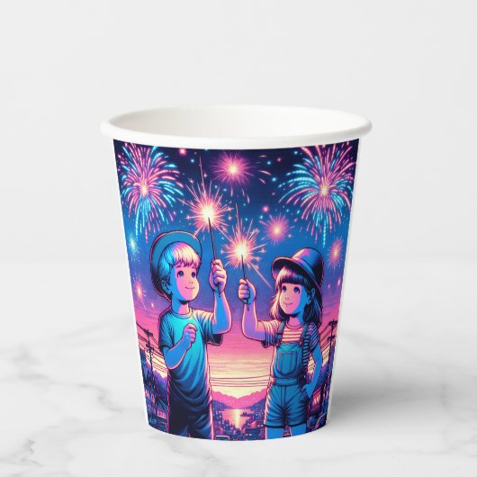 Kinderen die vuurwerk houden op 4 juli papieren bekers (Voorkant)