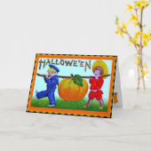 Kinderen en Grote Pompoen Halloween Kaart (Gele Bloem)