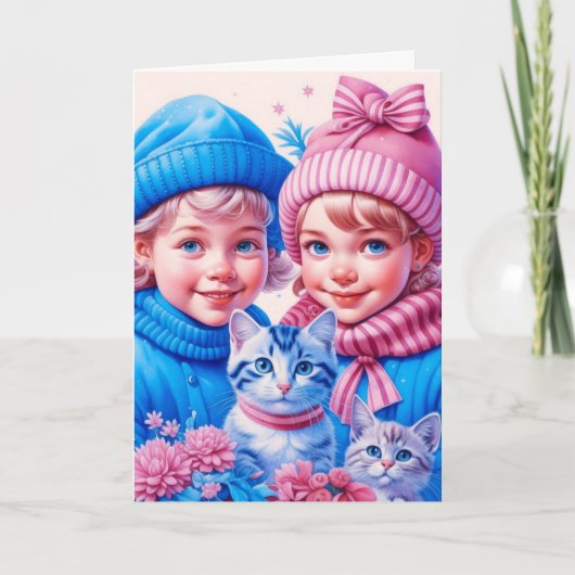 Kinderen en Kittens Kerstmis Kaart (Voorkant)