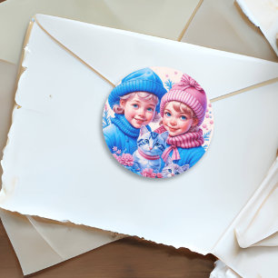  Kinderen en Kittens Kerstmis Ronde Sticker