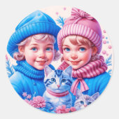  Kinderen en Kittens Kerstmis Ronde Sticker (Voorkant)