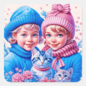 Kinderen en Kittens Kerstmis Vierkante Sticker (Voorkant)