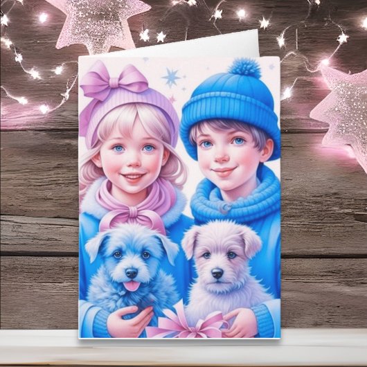 Kinderen en Puppies Kerstmis Kaart