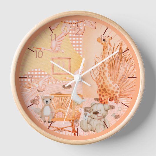 Kinderen Gingham, Teddybeer, Giraffe wandklok (Voorkant)