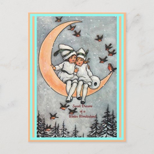 kinderen, halve maan, wintersneeuwvogels briefkaart (Voorkant)