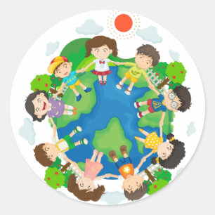 Kinderen houden handen rond de aarde vast ronde sticker