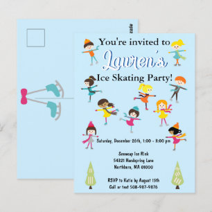 Kinderen Ijs Schaatsen Verjaardagsfeest Uitnodigin Briefkaart