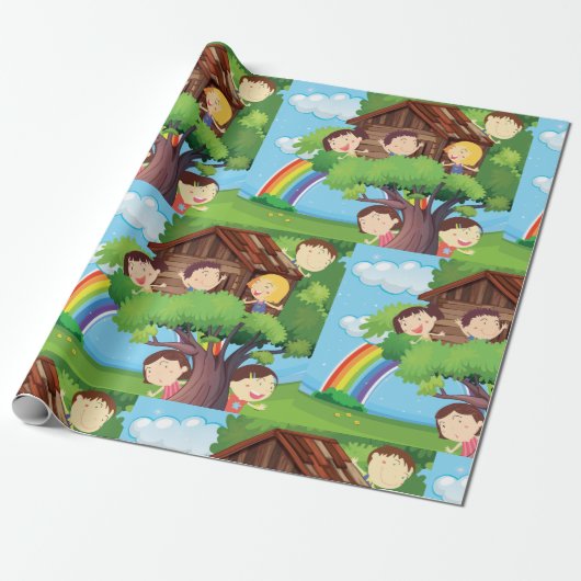 Kinderen in een Trehouse Cadeaupapier (Uitgerold)