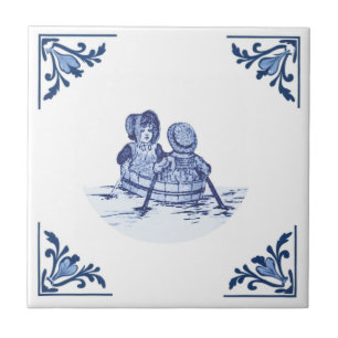 kinderen in Roeiboot Delfts Blauw & Wit Tegeltje