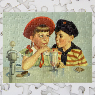  kinderen, jongens en meisjes die een schaar delen legpuzzel
