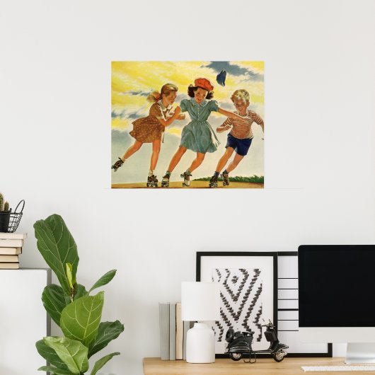 kinderen, jongens meisjes met rolschaatsen poster (Thuiskantoor)
