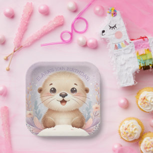 Kinderen Lila Zee Otter Leuk Verjaardagsfeest Papieren Bordje