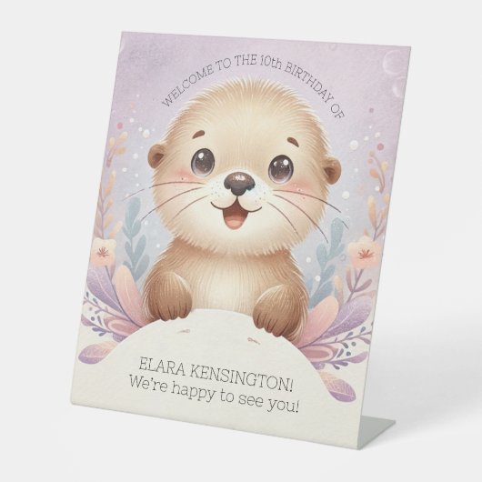 Kinderen Lila Zee Otter Leuk Verjaardagsfeest Reclamebord Met Voetstuk (Voorkant)