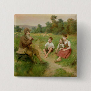 Kinderen luisteren naar een Shepherd die een Flute Vierkante Button 5,1 Cm