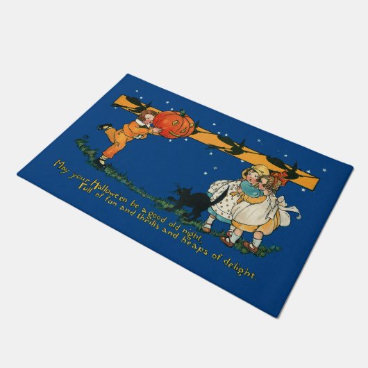 kinderen met Jack-O-Lantern en zwarte kat Deurmat (Schuin)