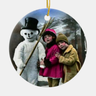 KINDEREN MET SNOWMAN KERAMISCH ORNAMENT