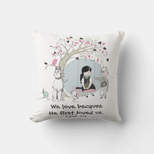 Kinderen op de boomschommel 1 Johannes 4:19 Kussen