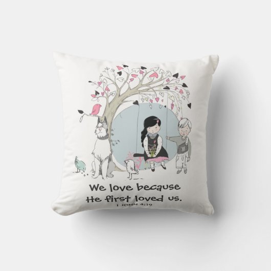 Kinderen op de boomschommel 1 Johannes 4:19 Kussen (Voorkant)