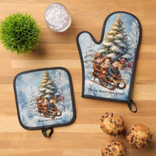 Kinderen op oude slee kerstscène Ovenwant & Pannenlap Set