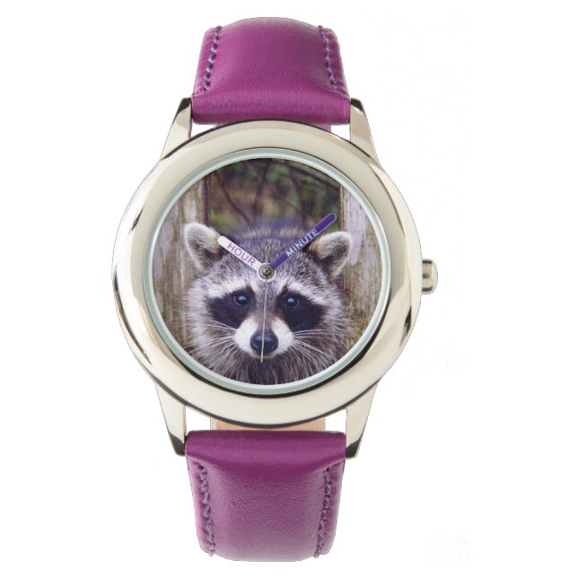 Kinderen Paarse lederen riem horloge w / wasbeer (Voorkant)