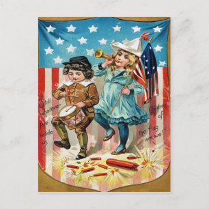 Kinderen paraderen met Amerikaanse vlag vintage 4 Briefkaart