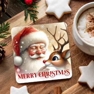 Kinderen Santa Rudolph Mooie Kerst Papier Onderzet Vierkante Kartonnen Onderzetter