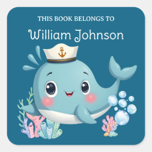 Kinderen Schattige Blauwe Walvis Ex-Libris Vierkante Sticker
