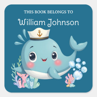 Kinderen Schattige Blauwe Walvis Ex-Libris Vierkante Sticker