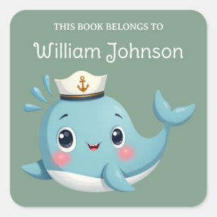 Kinderen Schattige Blauwe Walvis Ex-Libris Vierkante Sticker